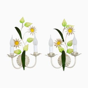 French Tôle Flower Wall Lights, 1960s, Set of 2
