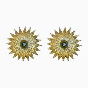 Mid-Century Spanish Sunburst Ceiling Light Fixtures or Wall Sconces in Gilded Wrought Iron, 1960s, Set of 2