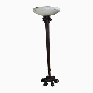 Art Déco Floor Lamp in Wrought Iron with Alabaster Bowl