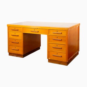 Italian Desk from Ministerial Office in Veneered Beech Wood with Green Coated Top and 9 Drawers, 1960s