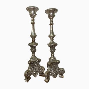 Wooden Candlesticks Covered in Silver Leaf, Set of 2
