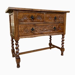 Spanish Carved Walnut Console Table with Turned Legs and 3 Carved Drawers, Early 20th Century