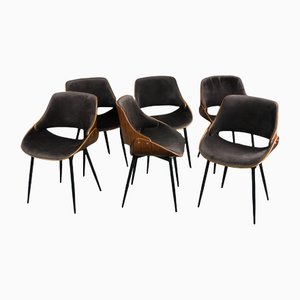 Scandinavian Style Brown Fabric Chairs in Curved Plywood, Set of 6