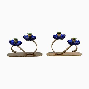 Candlesticks in Brass and Blue Art Glass by Gunnar Ander for Ystad Metall, Set of 2