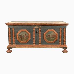 Swedish Painted Chest with Scenic Front Panels, 18th Century