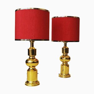 Swedish Brass Table Lamps with Red Shades from Aneta, 1970s, Set of 2