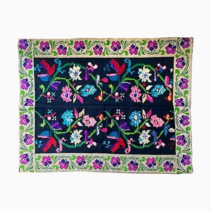 Romanian Floral Wool Rug with Green Border on Black Background