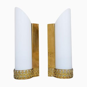 Mid-Century Modern Brass and Opaline Wall Lamps Attributed to Asea Sweden, Set of 2