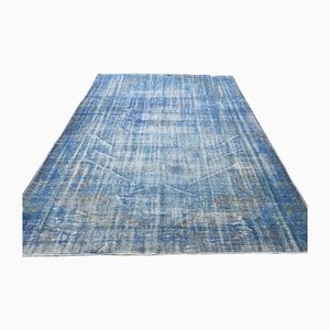 Tapis Oushak Vintage Fait Main en Laine Bleue