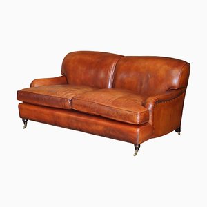 Beech & Hand Dyed Brown Leather Feather Filled Sofa in the Style of Howard & Sons