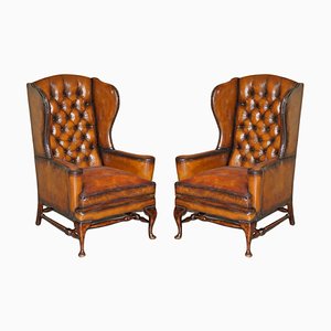 Wingback Armchairs in Hand Dyed Cigar Brown Leather in the Style of William Morris, Set of 2