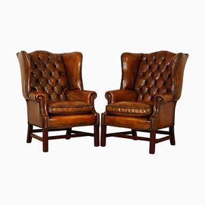 Hand Dyed Chesterfield Wingback Chairs with Feathers, Set of 2