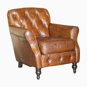 Aged Brauner Leder Chesterfield Clubsessel