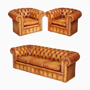 Canapé Chesterfield Club et Fauteuils en Cuir Marron, Set de 3