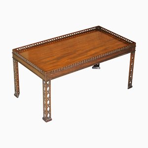 Chinese Chippendale Silver Tea Table with Fretwork in Carved Mahogany