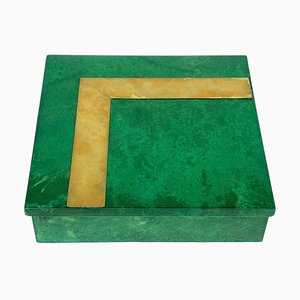 Square Box in Green Goatskin & Brass by Aldo Tura, Italy, 1960s