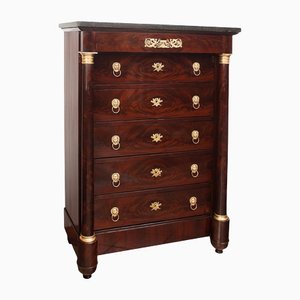 French Empire Chest of Drawers in Mahogany Feather with Black Marble Top, Belgium, 1800s