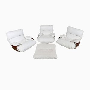White Leather Marsala Roset Line Edition Armchairs and Ottoman by Michel Ducaroy for Ligne Roset, 1970s, Set of 4