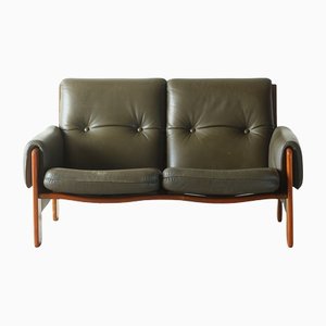 Olive Leather Two Seater Sofa, 1970s