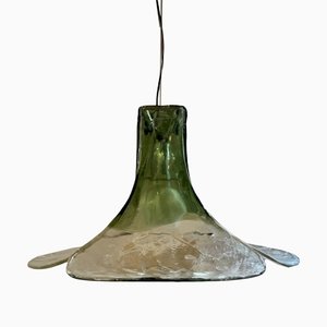 Large Petal Hanging Lamp in Clear and Green Murano Glass by Carlo Nason for A. V. Mazzega