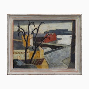 Città e fiume, Svezia, metà XX secolo, olio su tela