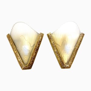 Antique French Art Deco Style Brass & Glass Wall Lights, 1920s, Set of 2