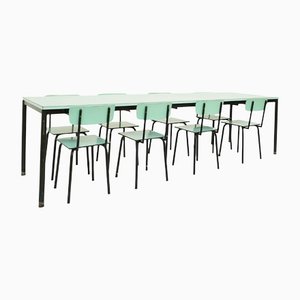 Large Pistachio Green Laminate Table & Suspended Chairs, Set of 9