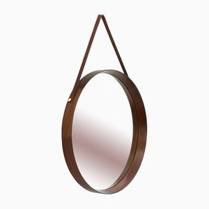 Wooden Frame & Leather Strap Round Mirror, 1960s