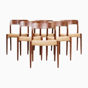 Mid-Century Danish Teak & Paper Cord Model 75 Chairs by Niels Otto Møller, Set of 6