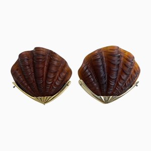 Art Deco Shell Wall Lights in Brass and Glass, 1930s, Set of 2