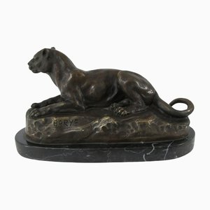 Barye, Liegender Panther, Bronze auf Marmorsockel