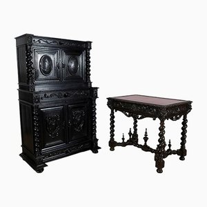 Louis XIII Style Work Cabinet & Desk Table, Set of 2
