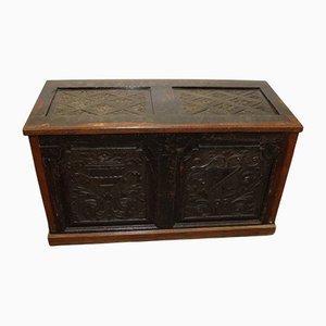 Dark Oak Carved Coffer With 4 Panels, 1900s