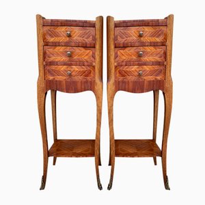 French Louis XV Style Nightstands in Walnut and Marquetry, Set of 2