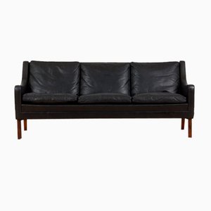 Danish Black Leather & Rosewood Sofa, 1960s
