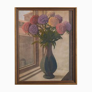 Schwedisches Aquarell von Blumen in Vase auf Fensterbank, 1935