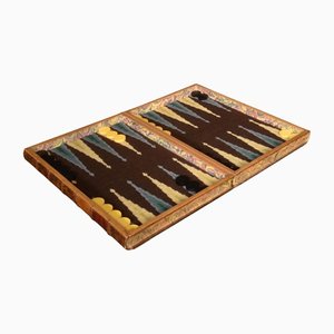 Decorative Tooled Leather Folding Backgammon Set in Book Form, Set of 31
