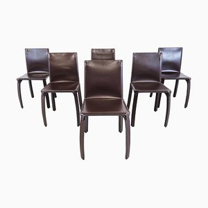 Vintage Dining Chairs in Brown Leather, 1980s, Set of 6