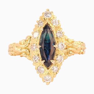 French Sapphire Diamonds Shuttle Ring in 18 Karat Yellow Gold