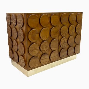 Brutalist Chestnut Wood & Brass Bar Cabinet, Italy, 1970s