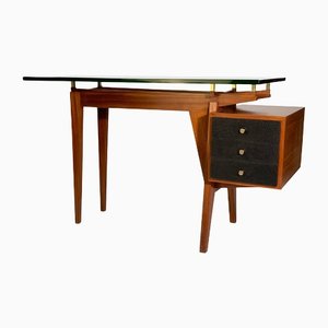 Mid-Century Italian Writing Desk with Thick Glass Top & Leather Drawers from Borghi
