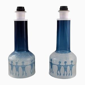 Lámparas de mesa de vidrio artístico transparente y azul de Ove Sandberg para Kosta Boda. Juego de 2