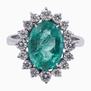 Ring in 18K White Gold with Central Emerald and Diamonds