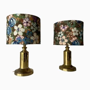 Flower Illustrated Fabric Shade & Brass Table Lamps, 1980s, Set of 2