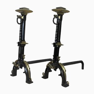 Gothic Style Bronze and Iron Andirons, 19th Century, Set of 2