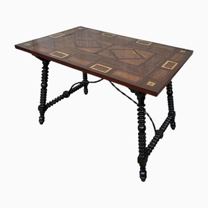 19th Century Baroque Spanish Side Table with Marquetry Top and Iron Stretcher