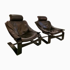 Brown Leather Kroken Armchairs by Ake Fribytter for Nelo Mobel, 1970s, Set of 2