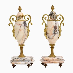 Antique French Marble & Gilt Bronze Urns, Set of 2