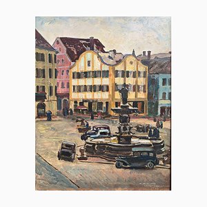 Ernst Liebermann, München Marktplatz in Eichstätt Altmühltal Oberbayern, Oil on Paper, Framed