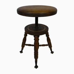 Gothic Victorian Adjustable Oak Piano Stool with Cast Iron and Glass Claw Feet